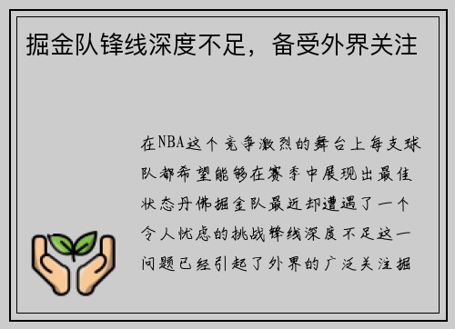 掘金队锋线深度不足，备受外界关注